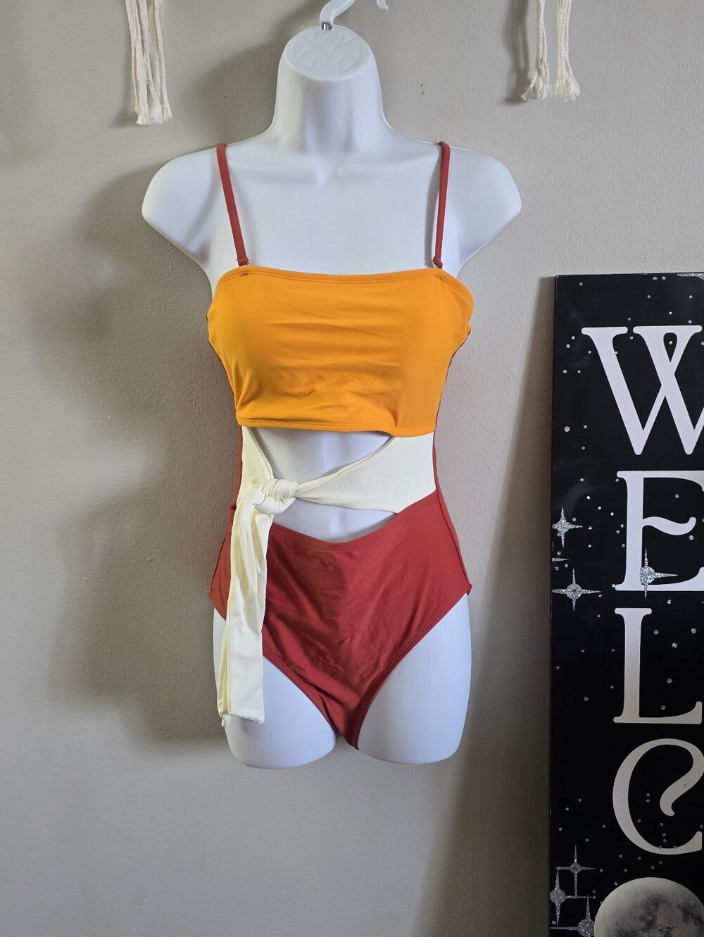 Colorblock Cutout One-Piece Swimsuit in Orange, Red & Cream